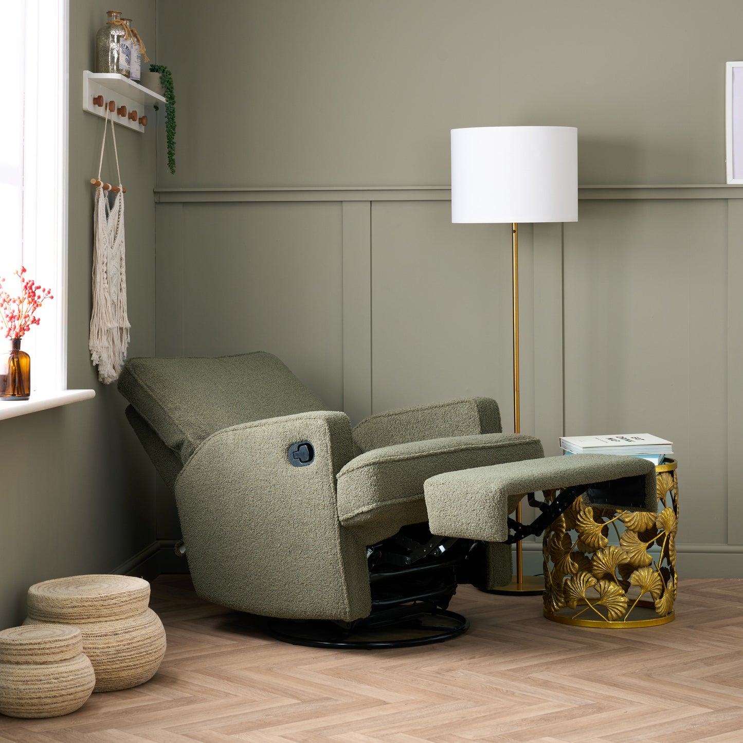 Madison Swivel Glider Recliner Chair - Teddy Fabric Olive
