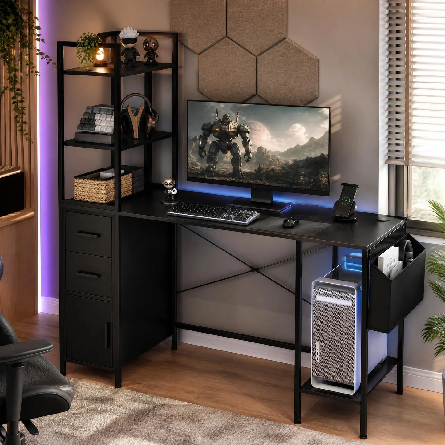 Office Desk with LED Lights and Power Outlets CPU Stand  for Home Office-Black