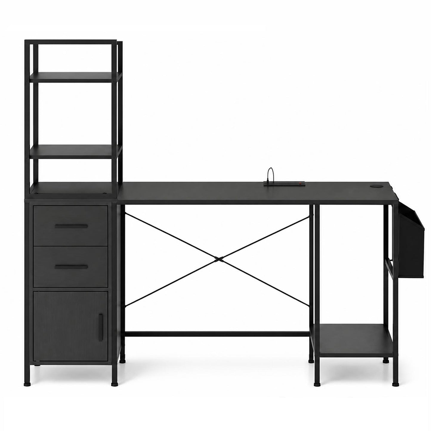Office Desk with LED Lights and Power Outlets CPU Stand  for Home Office-Black