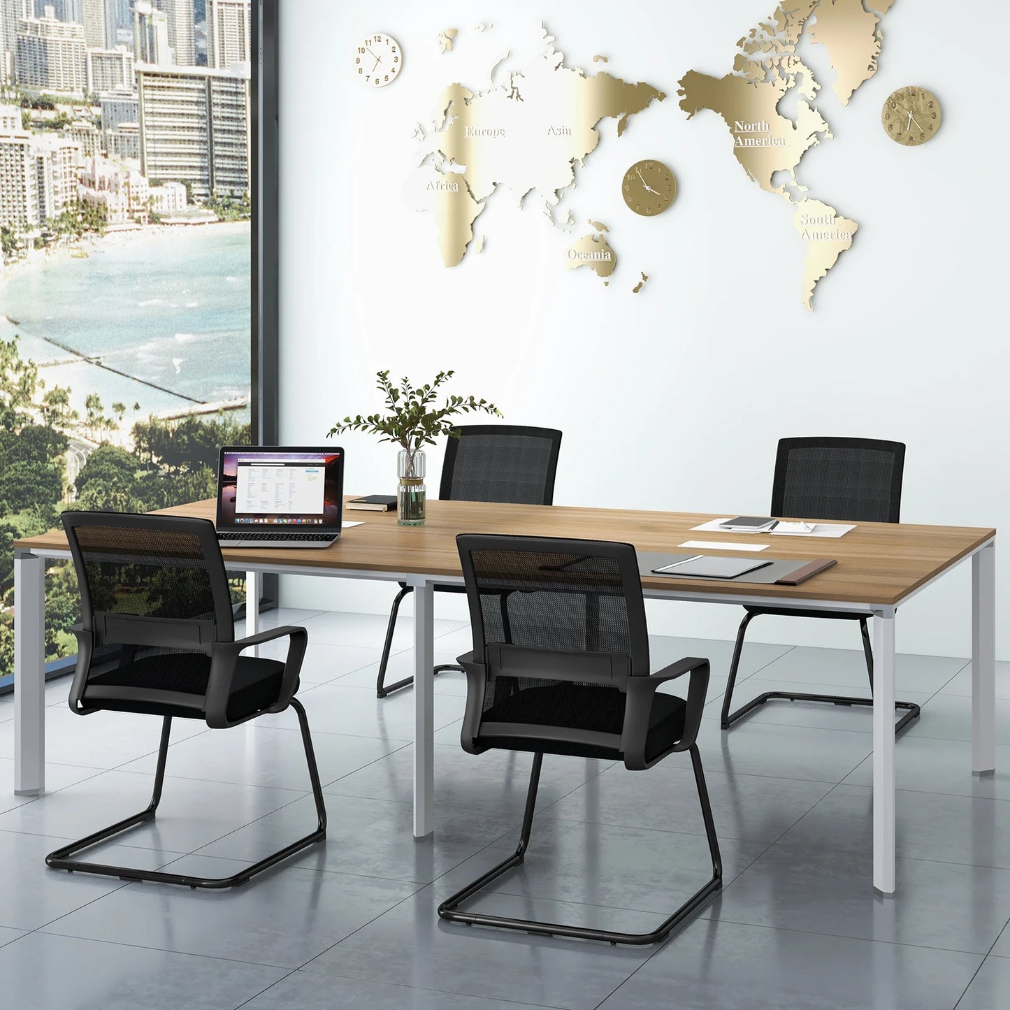 Office Guest Chair Set of 4 with Lumbar Support and Sled Base-Black