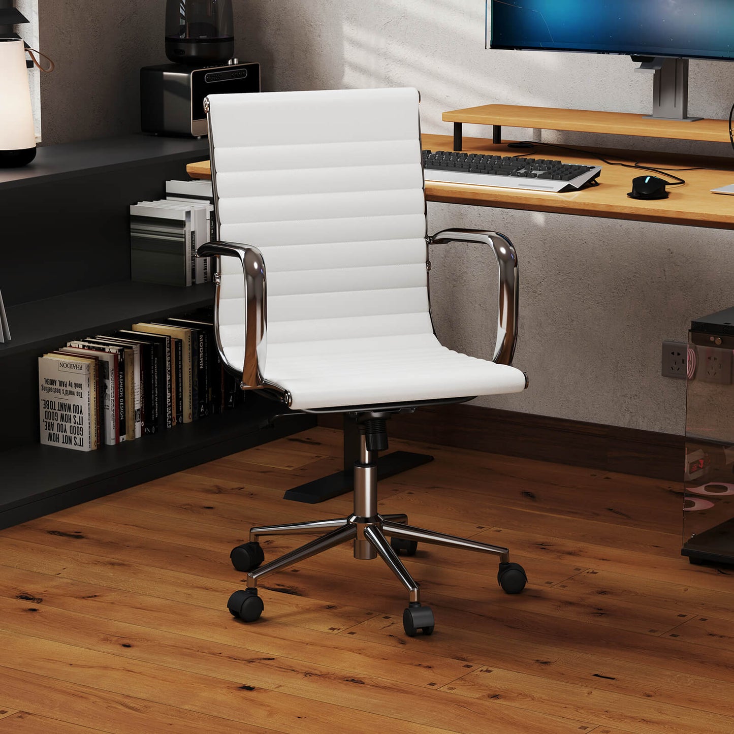 Ribbed Executive Office Chair Adjustable Swivel PU Leather Conference Chair-Black