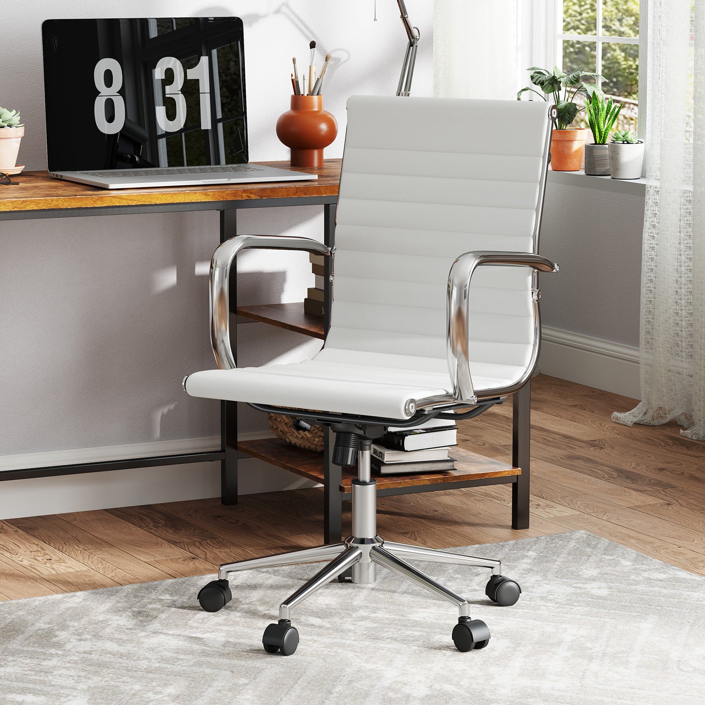 Ribbed Executive Office Chair Adjustable Swivel PU Leather Conference Chair-Black