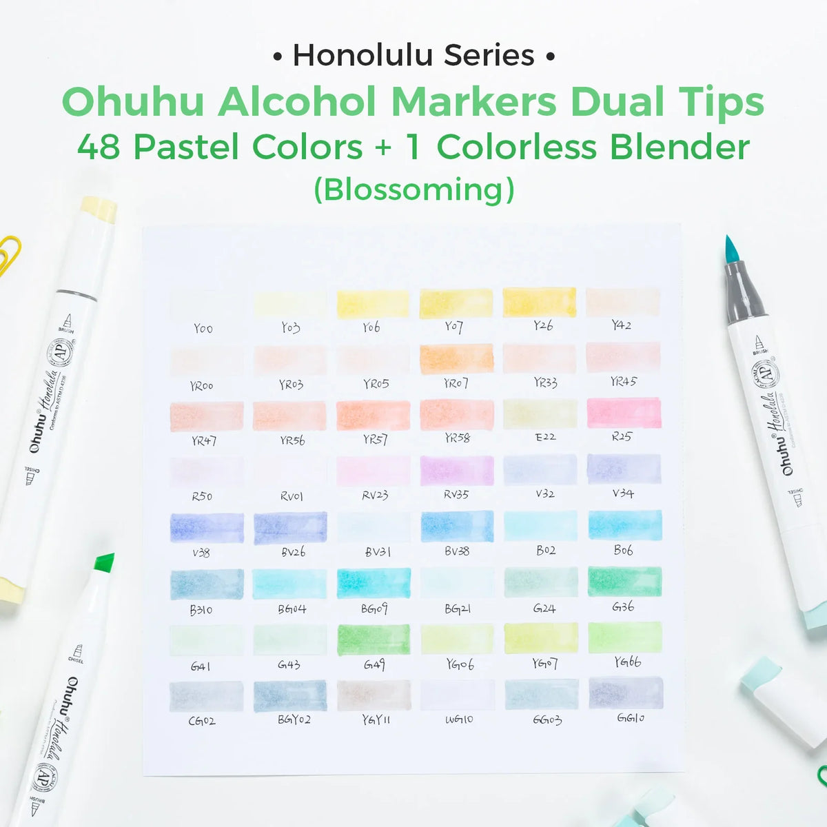Ohuhu Honolulu 48 Pastel Alcohol Markers Dual Tip Brush Chisel Refillable Art Set