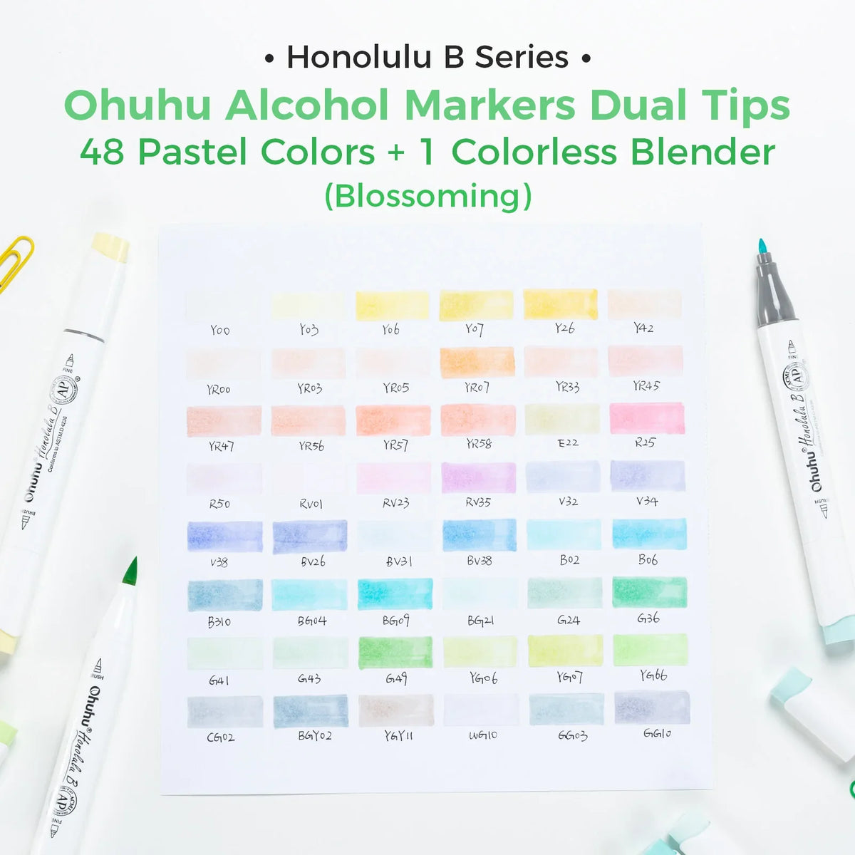 Ohuhu Honolulu 48 Pastel Alcohol Markers Dual Tip Brush Chisel Refillable Art Set