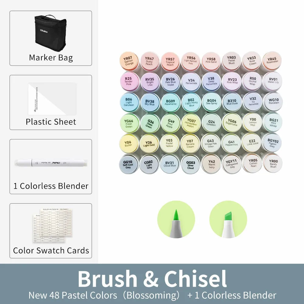 Ohuhu Honolulu 48 Pastel Alcohol Markers Dual Tip Brush Chisel Refillable Art Set