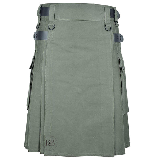 Men's Premium Quality Handmade Olive Green Cotton Utility Kilt Cargo Pockets