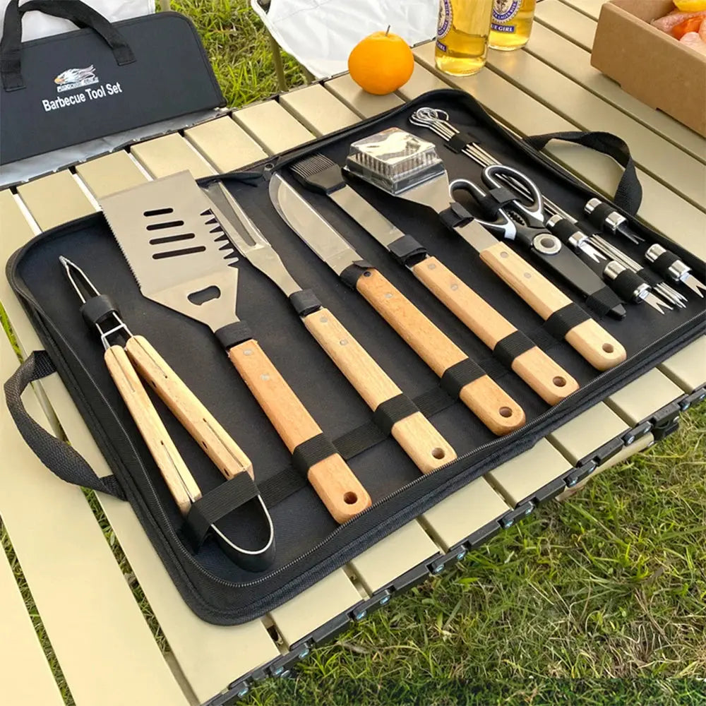 Outdoor BBQ Tool Set – Stainless Steel Grill Accessories with Wooden Handle Fork, Shovel, Clip & Cloth Bag for Camping Barbecue
