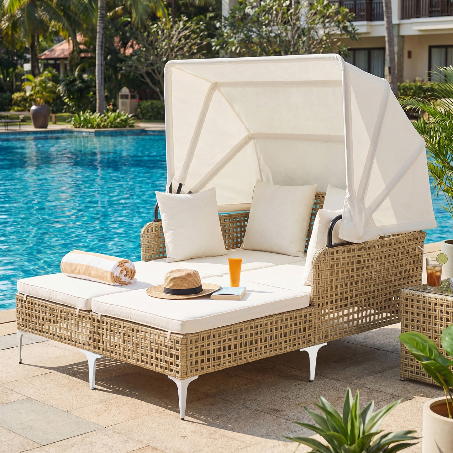 Outdoor Daybed with Retractable Canopy and Soft Pillows-Grey