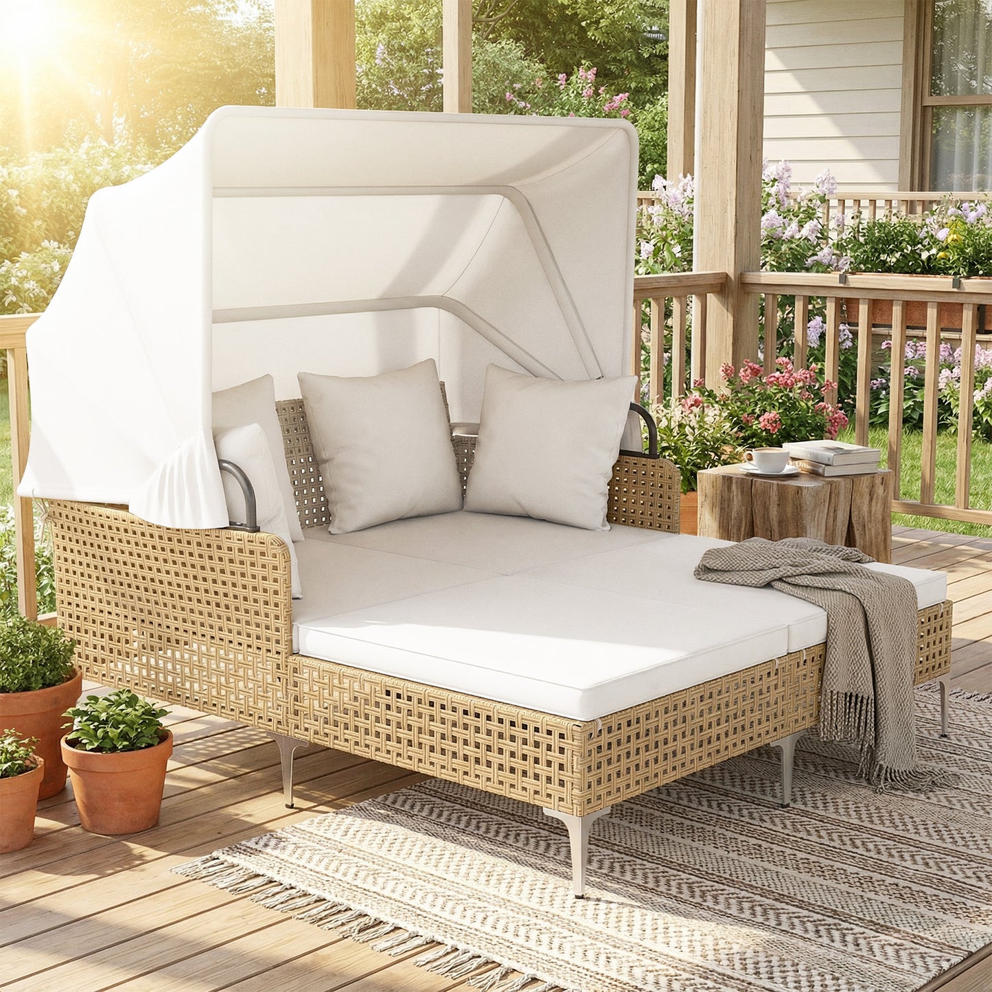Outdoor Daybed with Retractable Canopy and Soft Pillows-Grey
