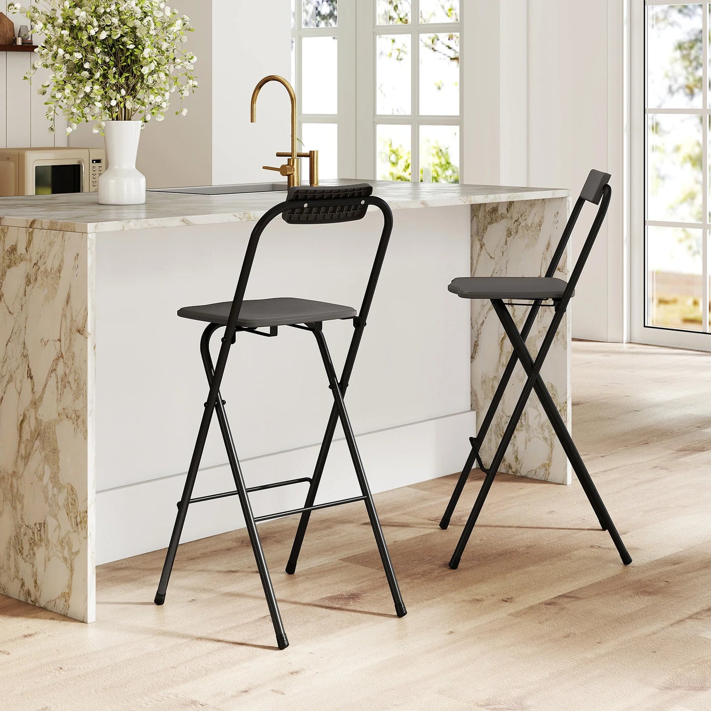 Outdoor Folding Barstools Set of 2 with Backrest and Footrest-Grey