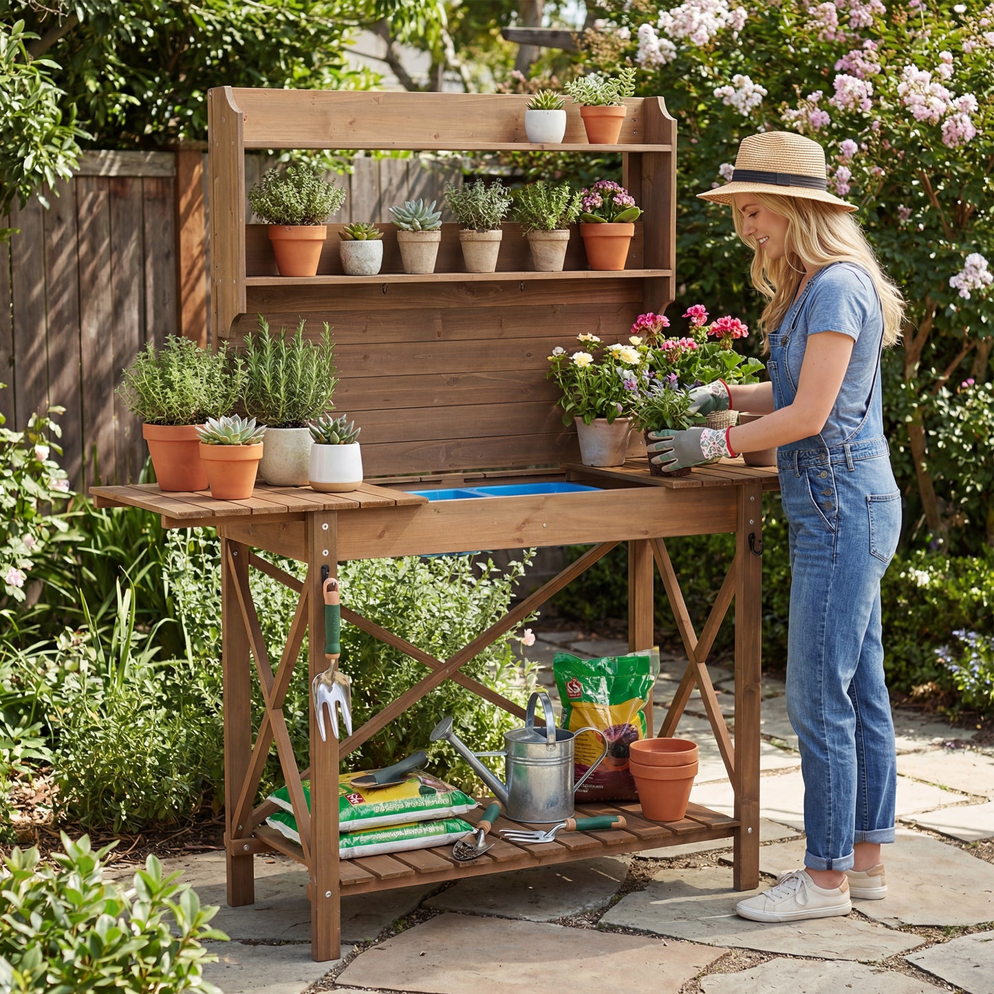 Outdoor Potting Bench Table Wooden Garden Workstation with Sliding Tabletop-Brown