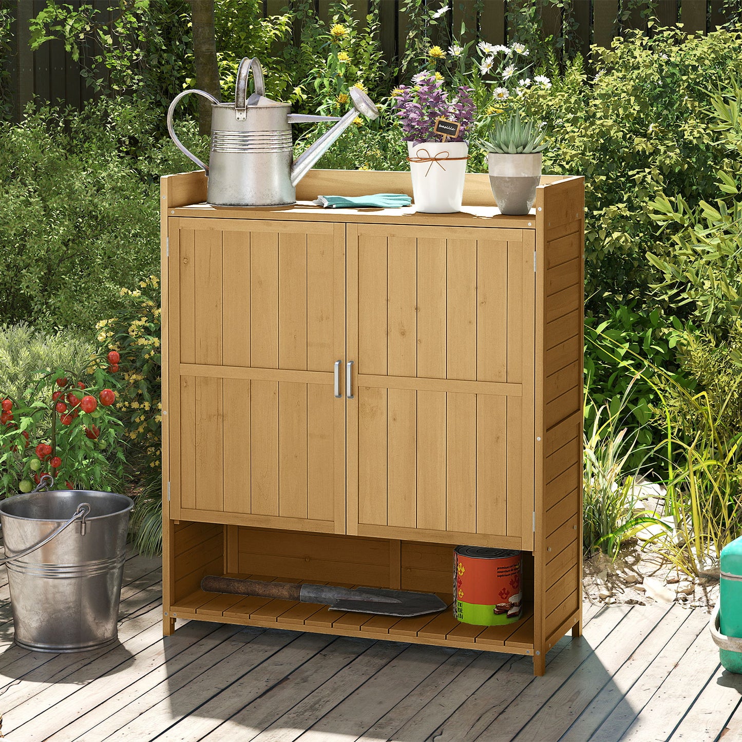 Outdoor Solid Wood Potting Bench with Storage Removable Shelves-Grey