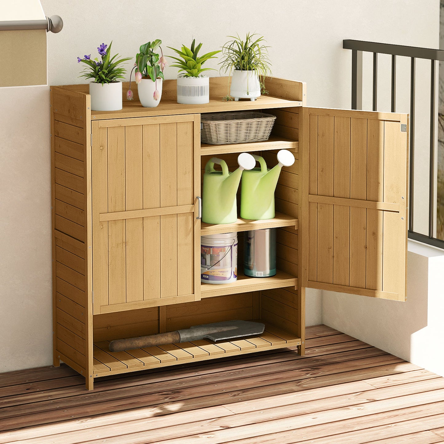 Outdoor Solid Wood Potting Bench with Storage Removable Shelves-Grey