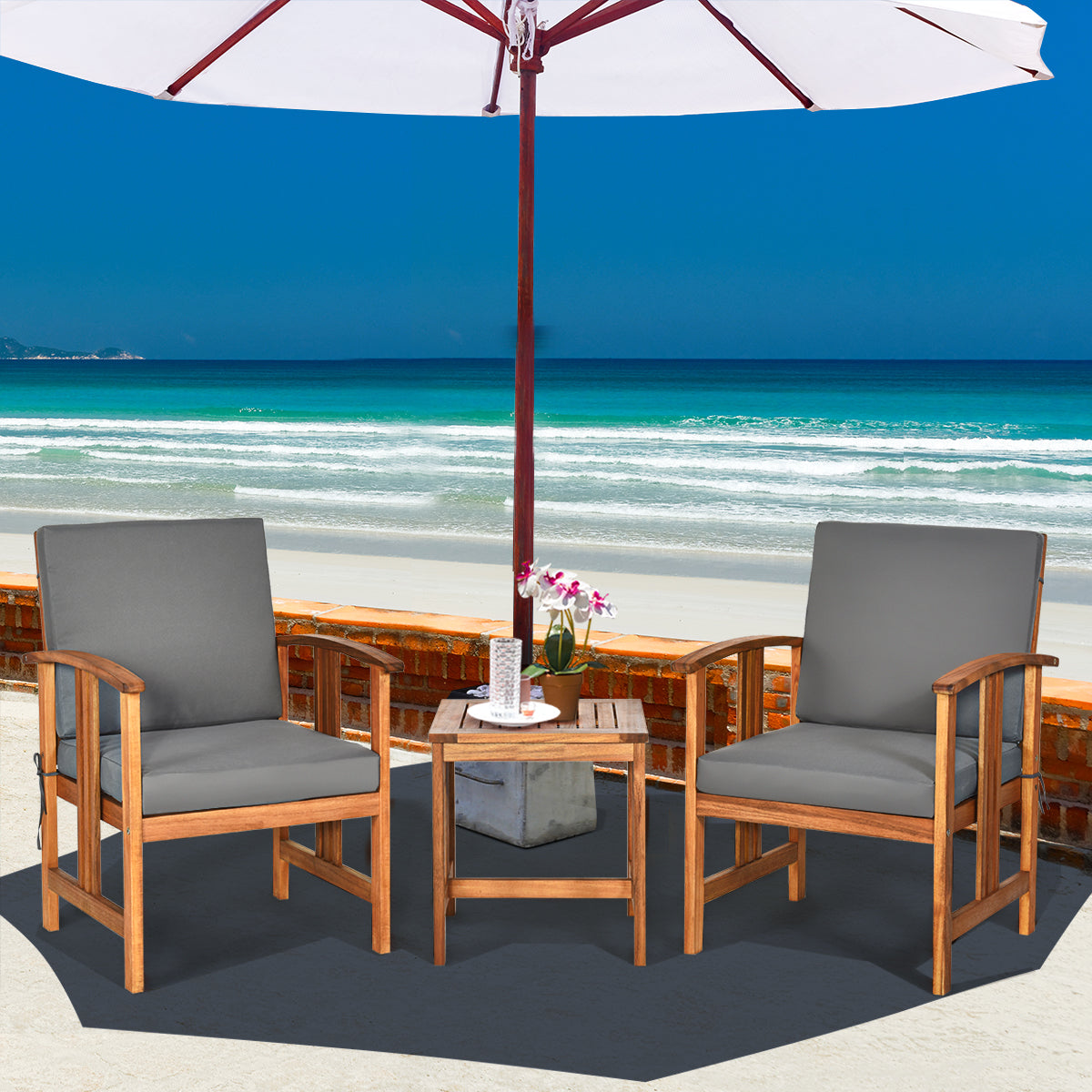 3-Piece Outdoor Acacia Wood Sofa Set with Cushions-Grey