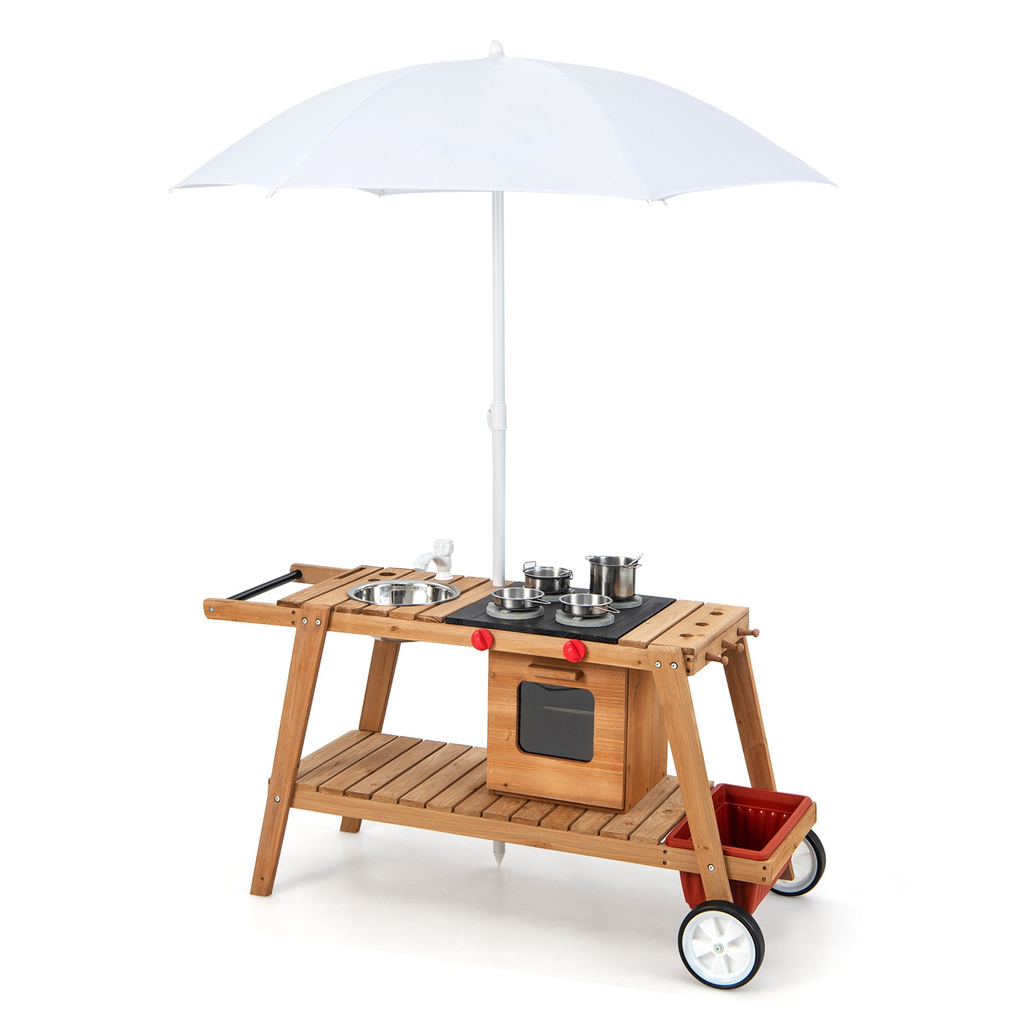 Wooden Kids Play Trolley with Umbrella and Storage Cabinet-Blue