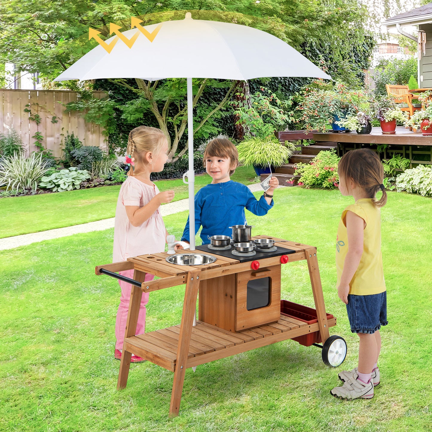 Wooden Kids Play Trolley with Umbrella and Storage Cabinet-Blue