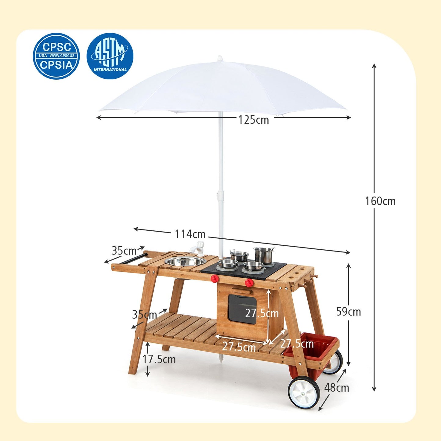 Wooden Kids Play Trolley with Umbrella and Storage Cabinet-Blue