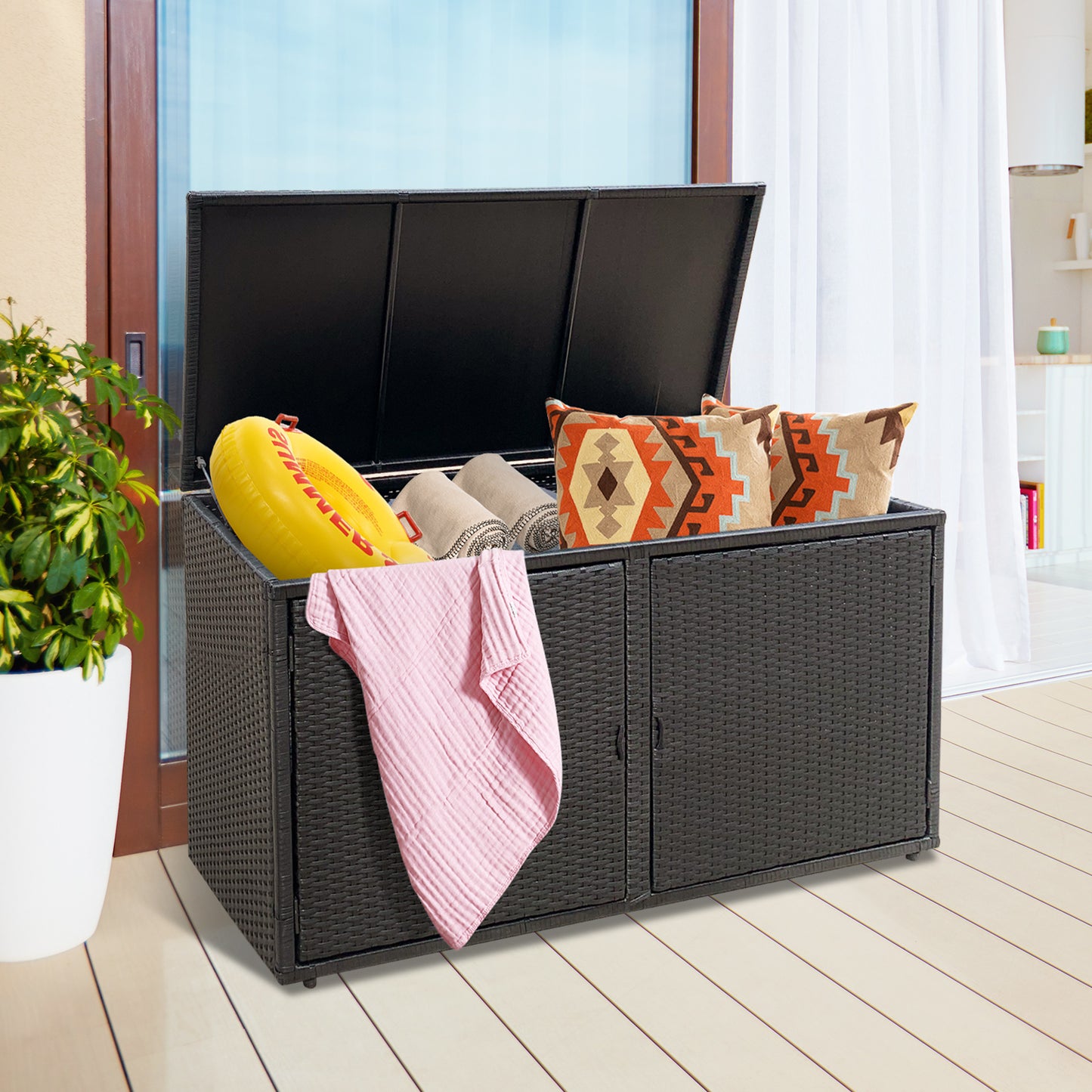 330L 2-Tier Outdoor PE Wicker Storage Box with Lid and Front Doors-Brown