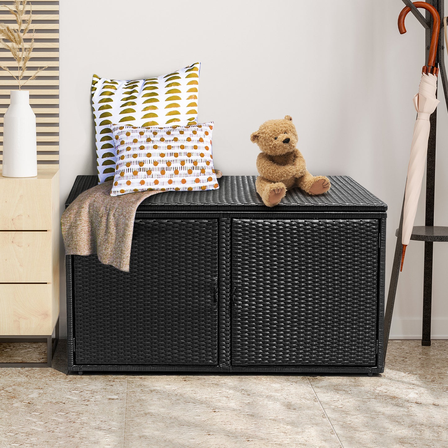 330L 2-Tier Outdoor PE Wicker Storage Box with Lid and Front Doors-Brown