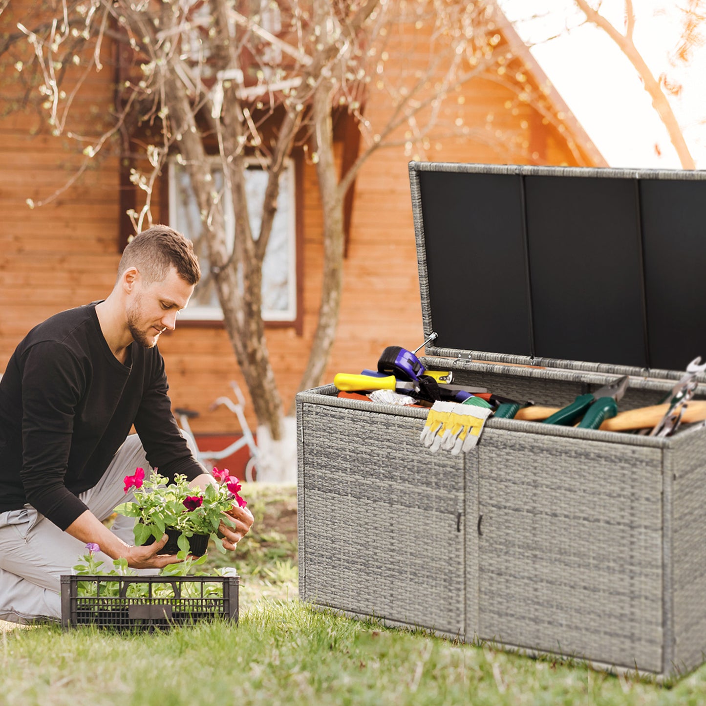 330L 2-Tier Outdoor PE Wicker Storage Box with Lid and Front Doors-Brown