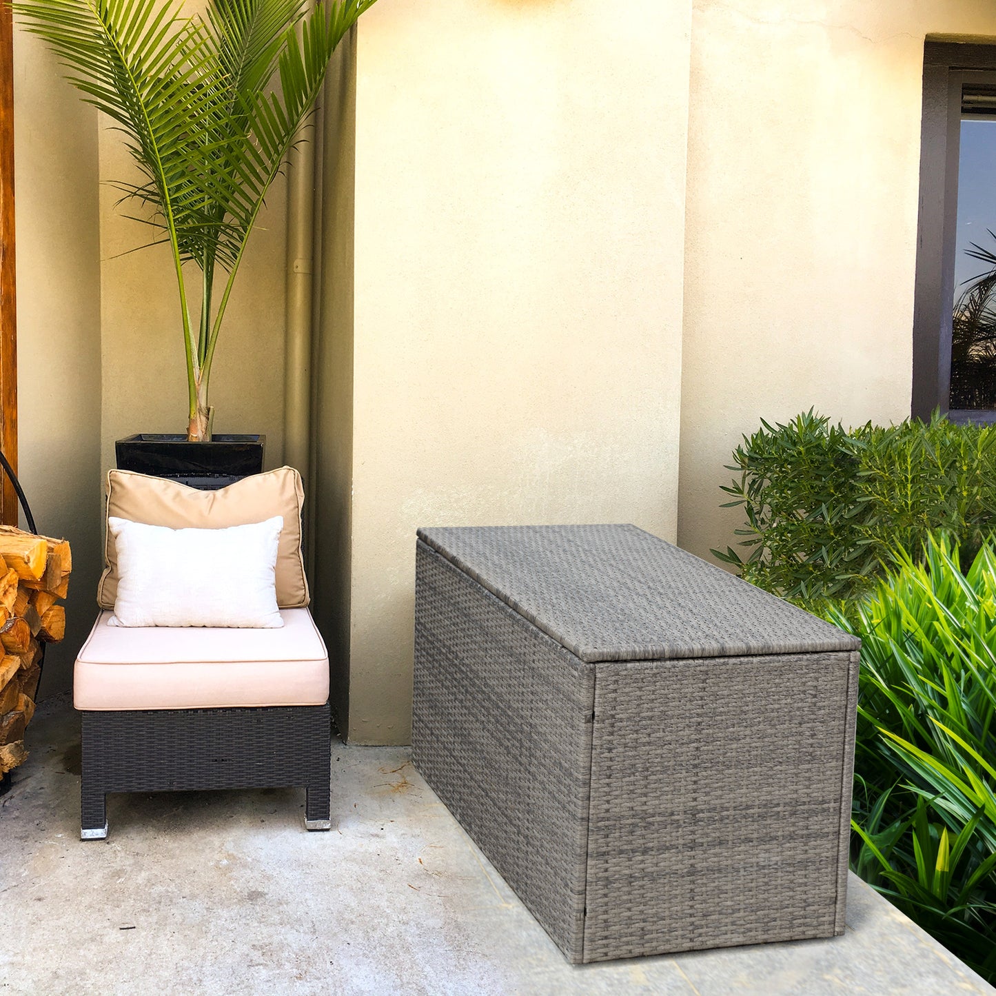 330L 2-Tier Outdoor PE Wicker Storage Box with Lid and Front Doors-Brown