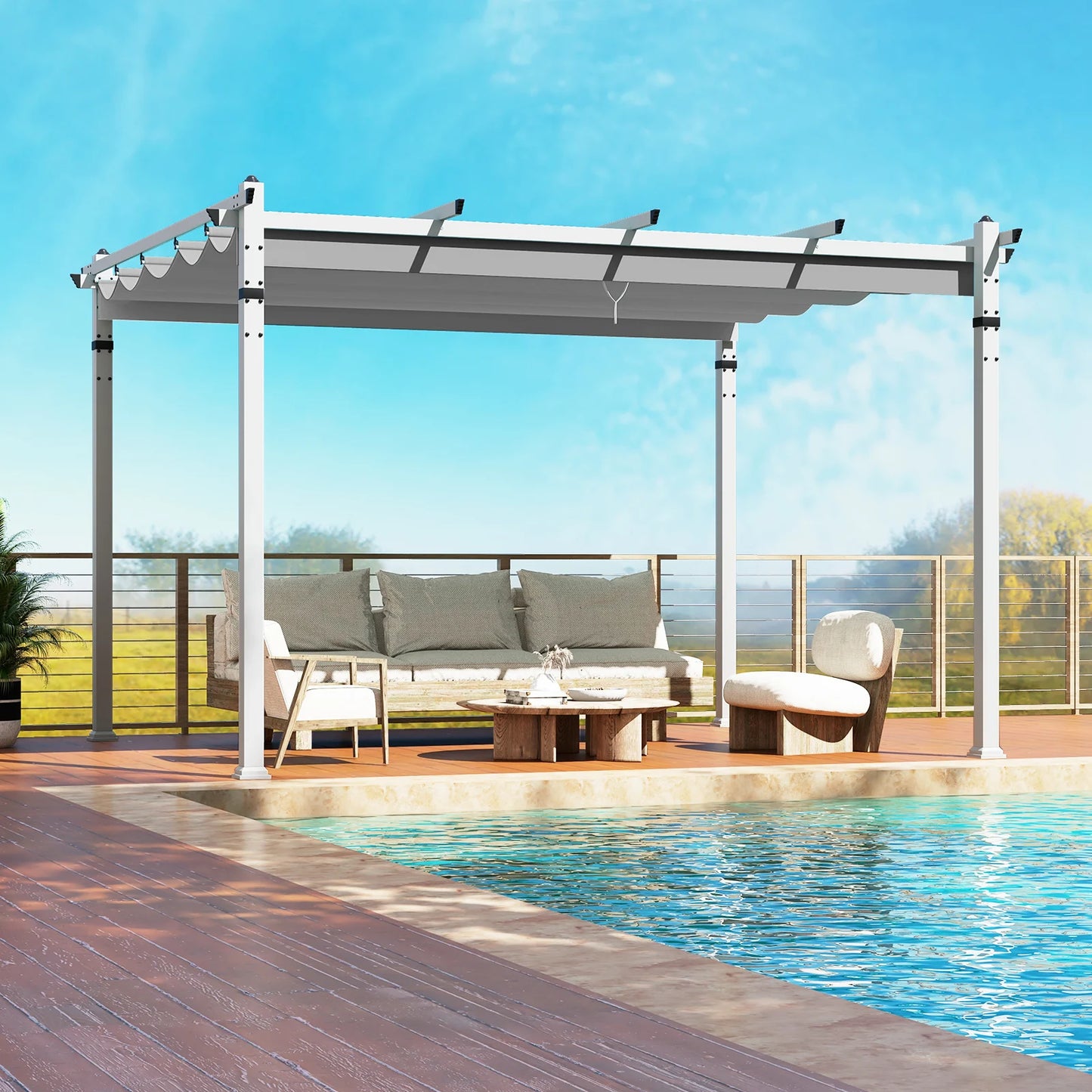 Outdoor Pergola with Retractable Canopy Aluminum Frame Anchors-Grey