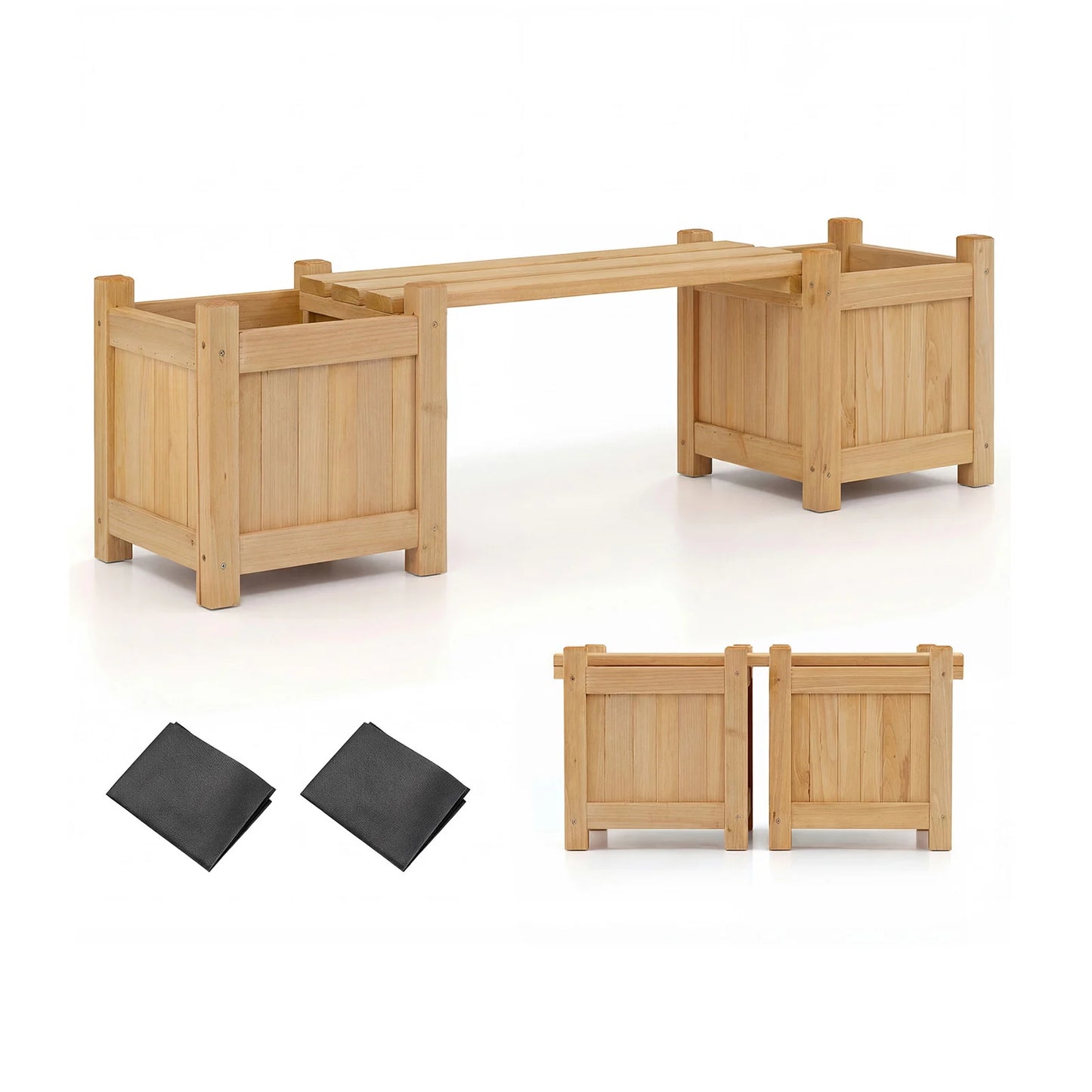 3-in-1 Outdoor Planter Box with Bench 2-Person Outdoor Bench-Natural