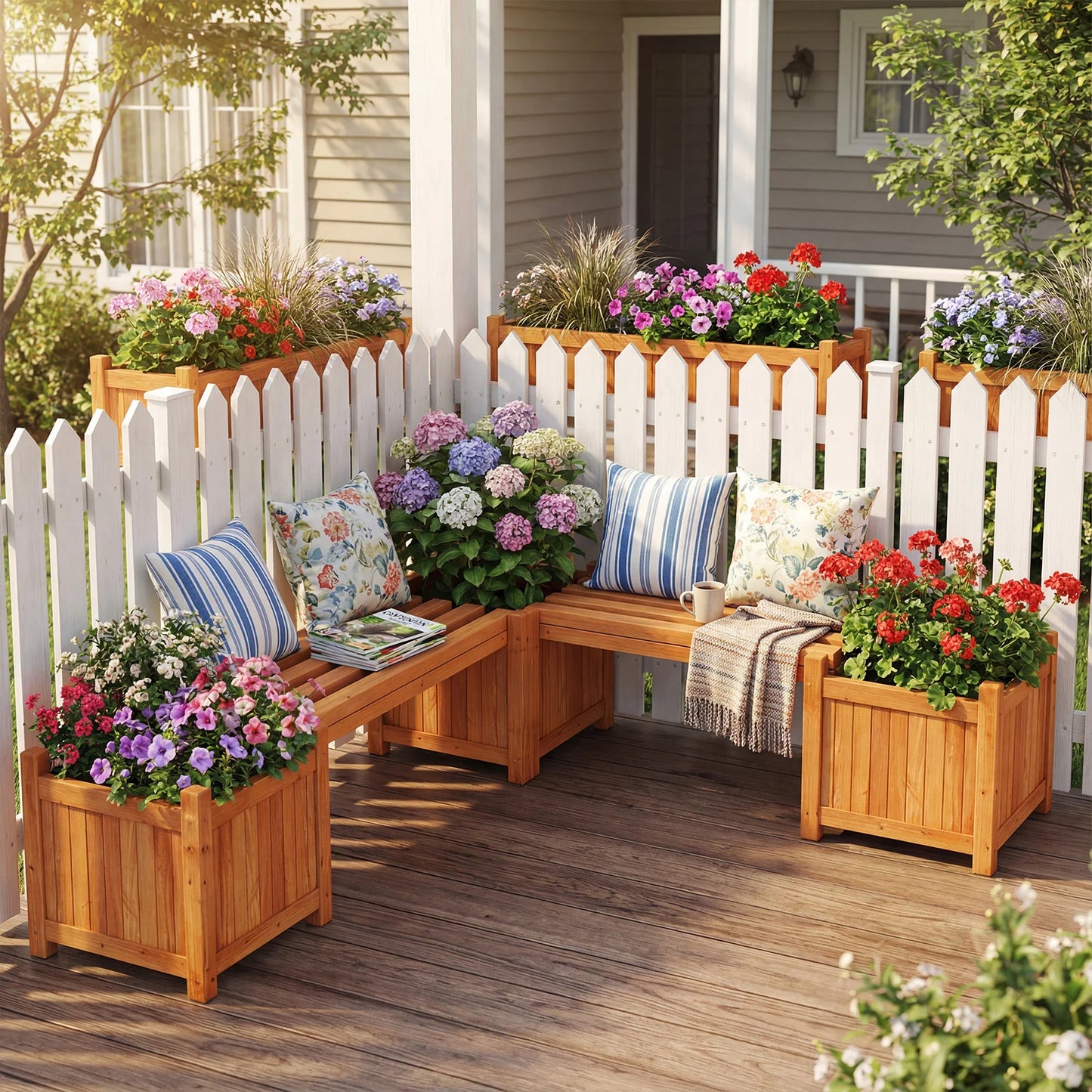 3-in-1 Outdoor Planter Box with Bench 2-Person Outdoor Bench-Natural