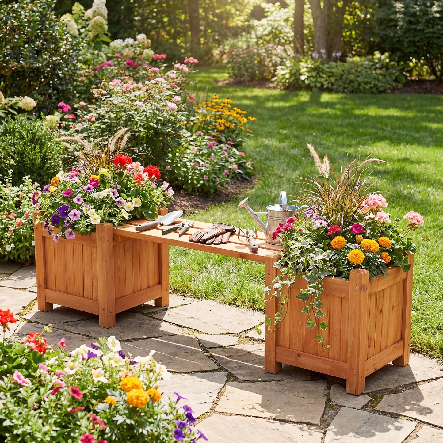 3-in-1 Outdoor Planter Box with Bench 2-Person Outdoor Bench-Natural