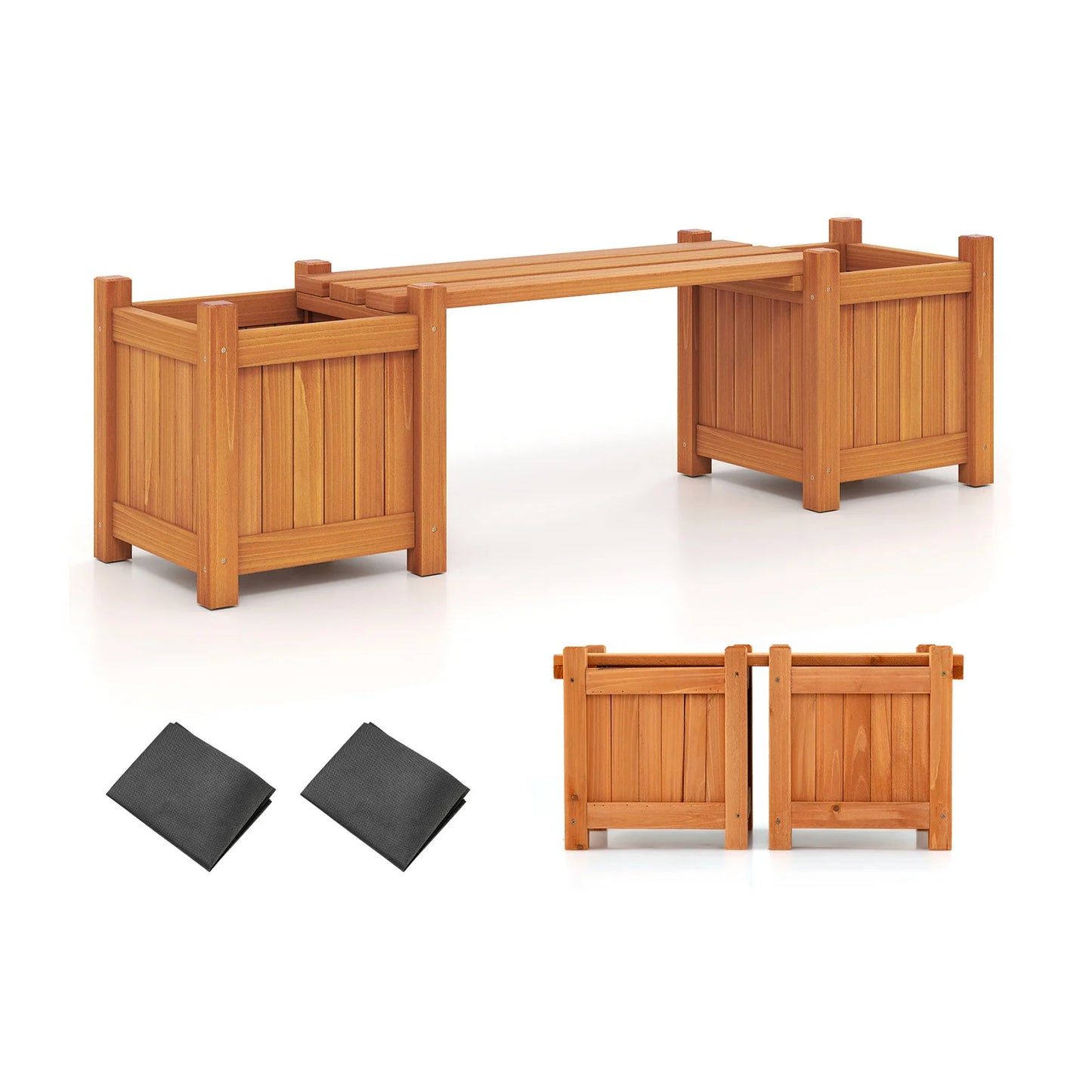 3-in-1 Outdoor Planter Box with Bench 2-Person Outdoor Bench-Natural