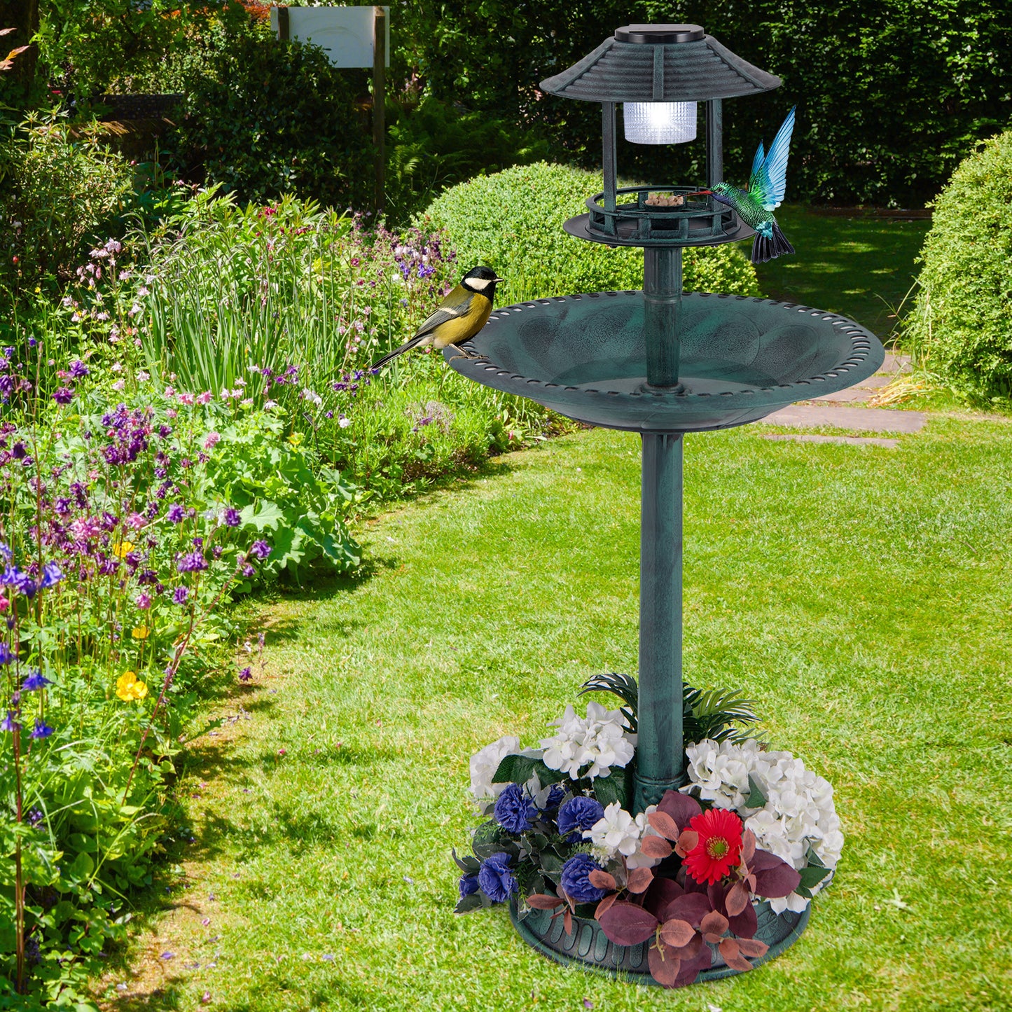 Outdoor Solar Lighted Bird Bath with Flower Planter Base-Antique