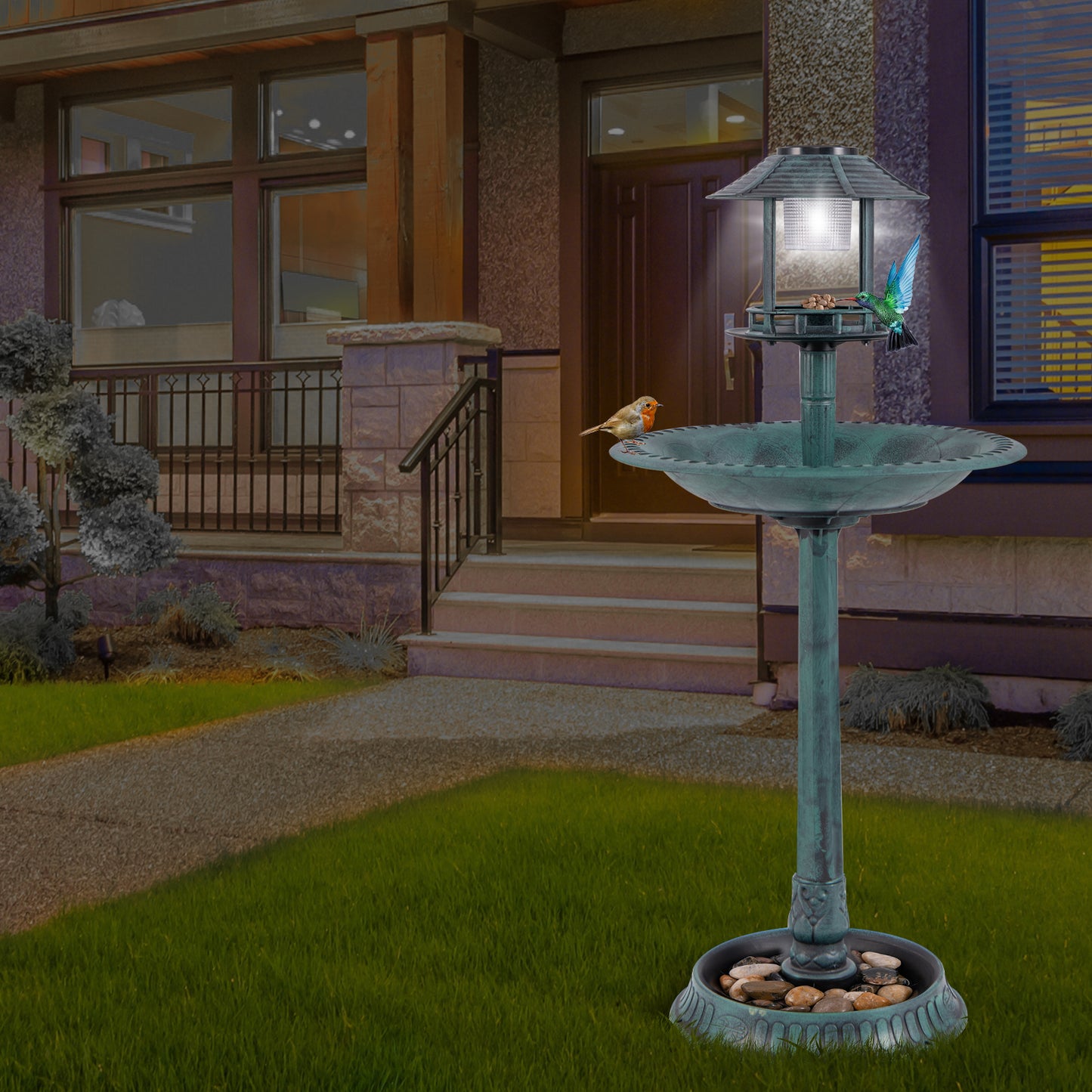 Outdoor Solar Lighted Bird Bath with Flower Planter Base-Antique