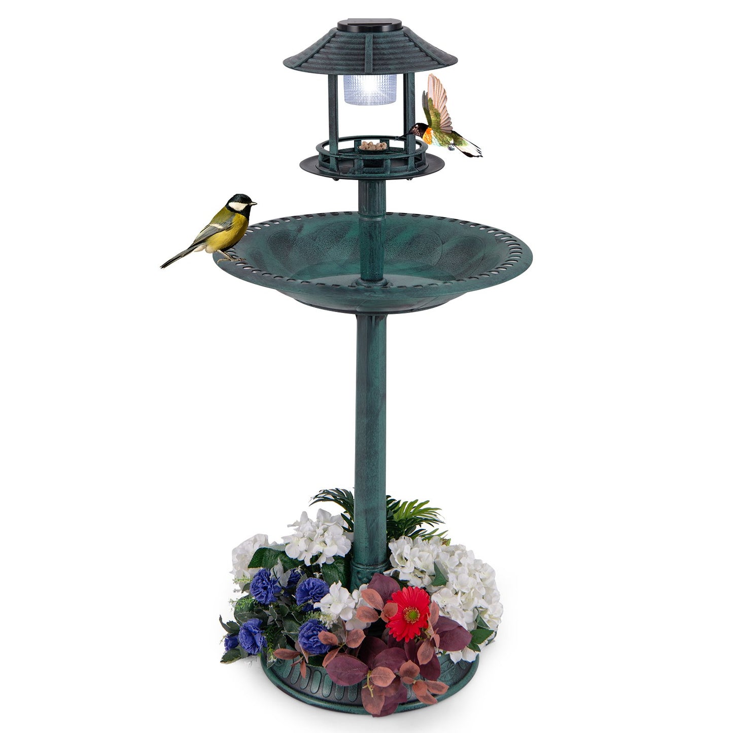 Outdoor Solar Lighted Bird Bath with Flower Planter Base-Antique