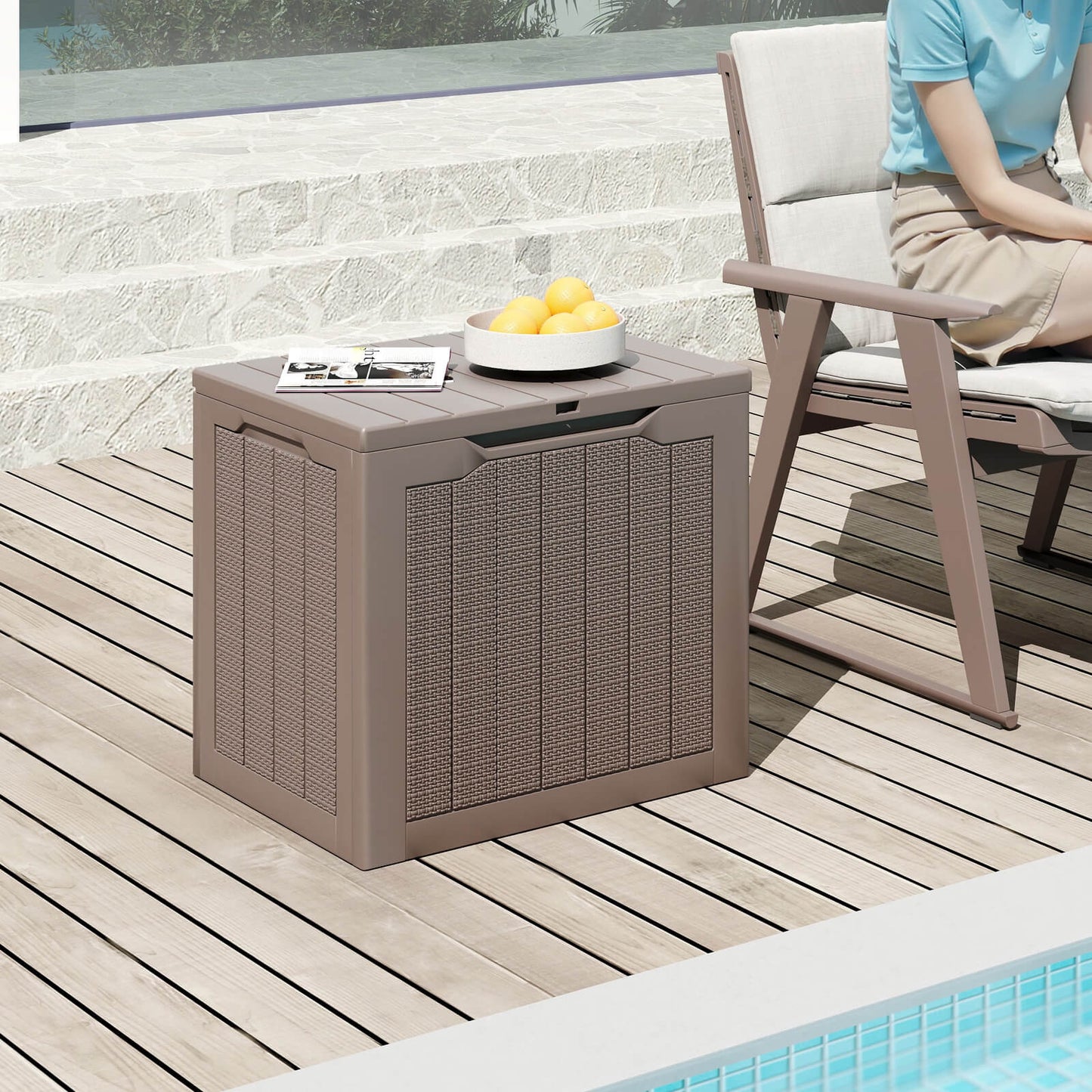 96L Outdoor Storage Box with Lockable Lid and Wicker-woven Texture-Black