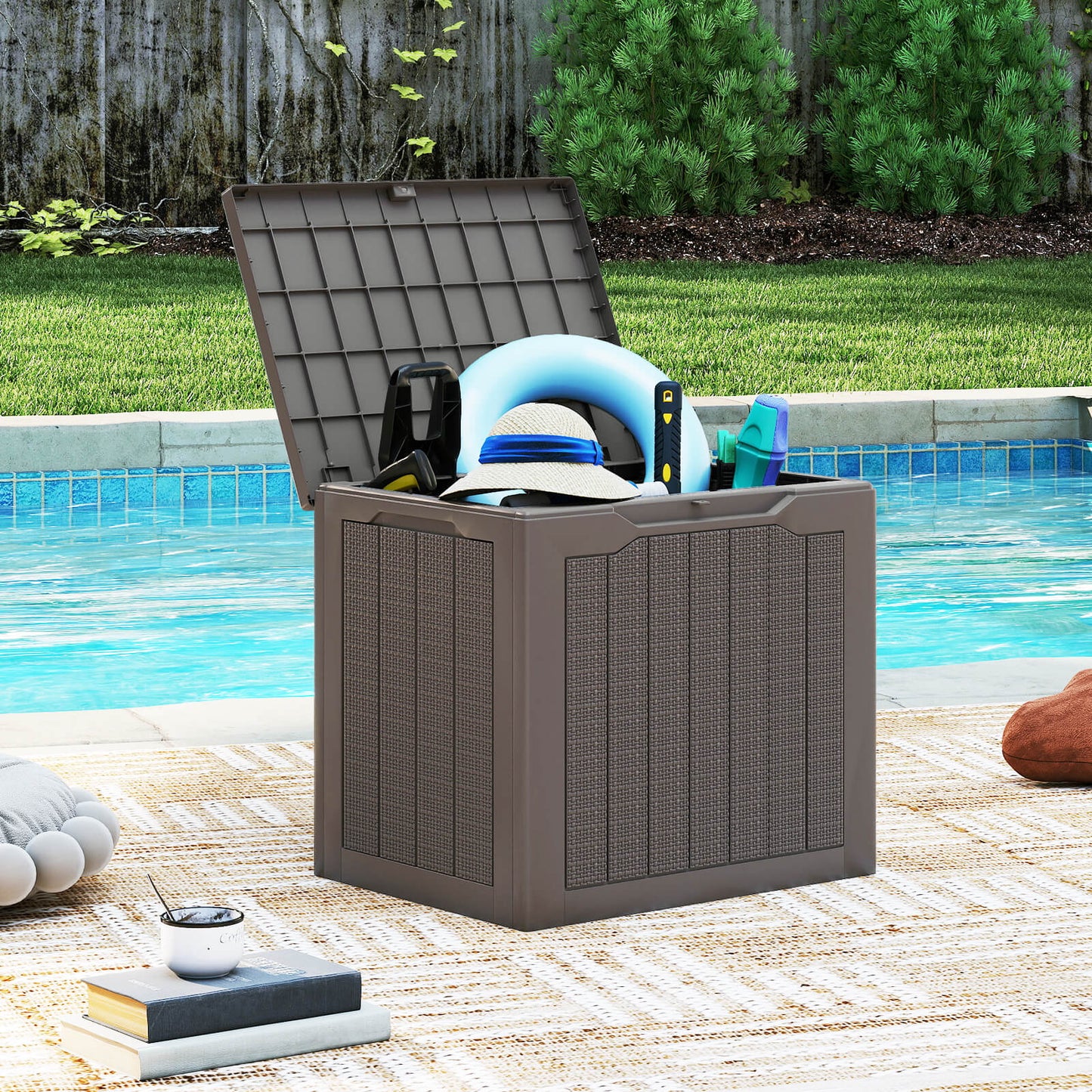 96L Outdoor Storage Box with Lockable Lid and Wicker-woven Texture-Black