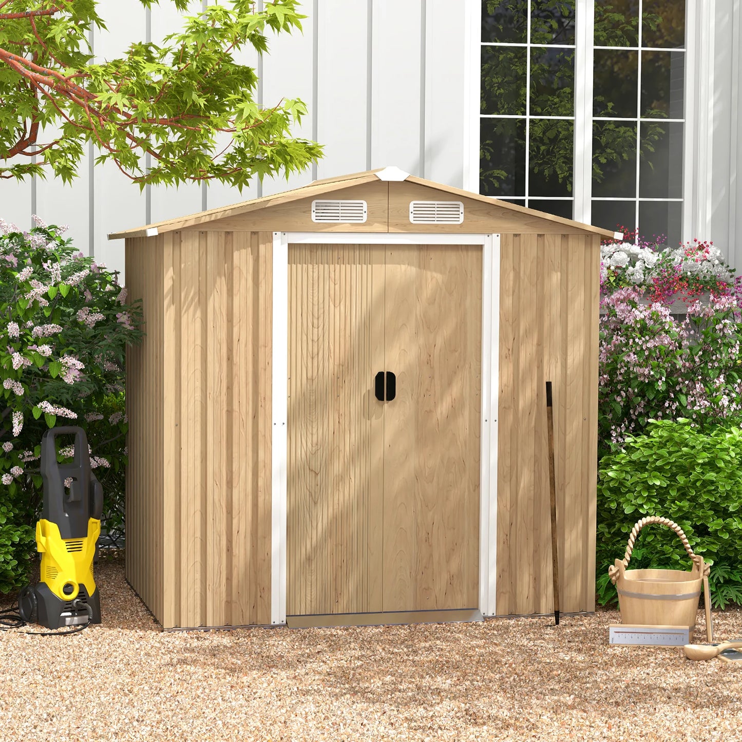 Outdoor Storage Shed with 4 Vents and Lockable Doors-Natural