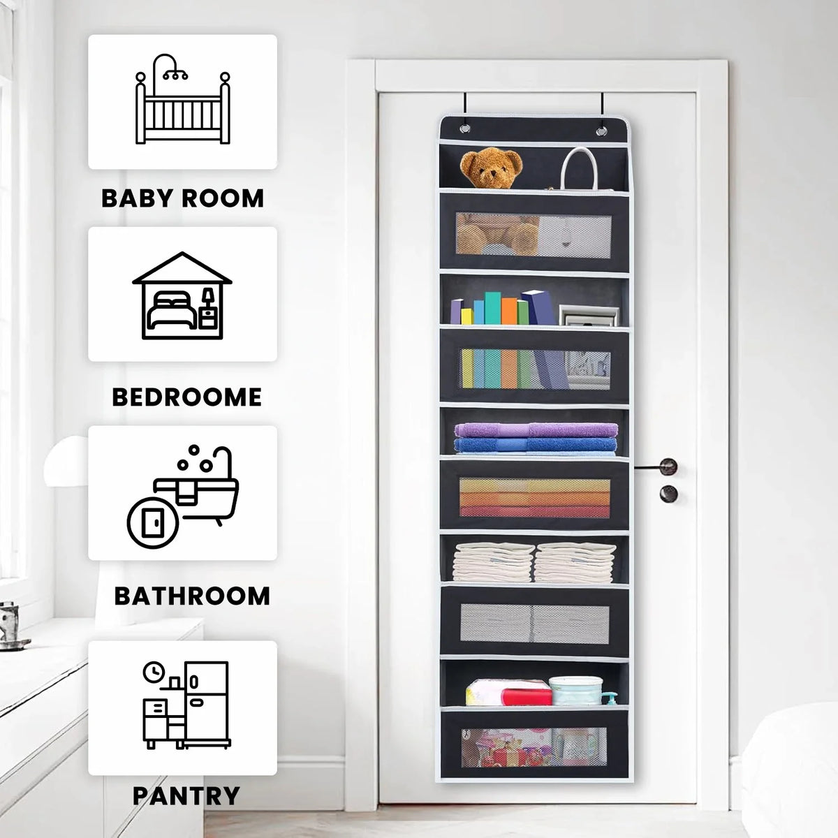 Over the Door Storage Organiser with 5 Shelves, Hanging Door Organizer Bedroom
