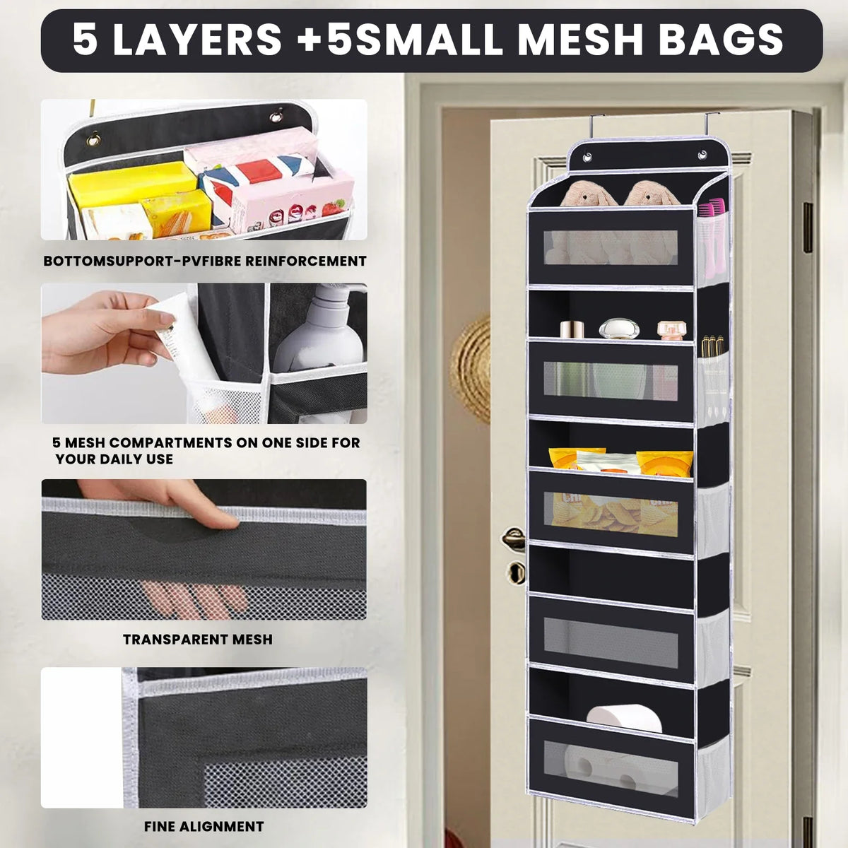 Over the Door Storage Organiser with 5 Shelves, Hanging Door Organizer Bedroom