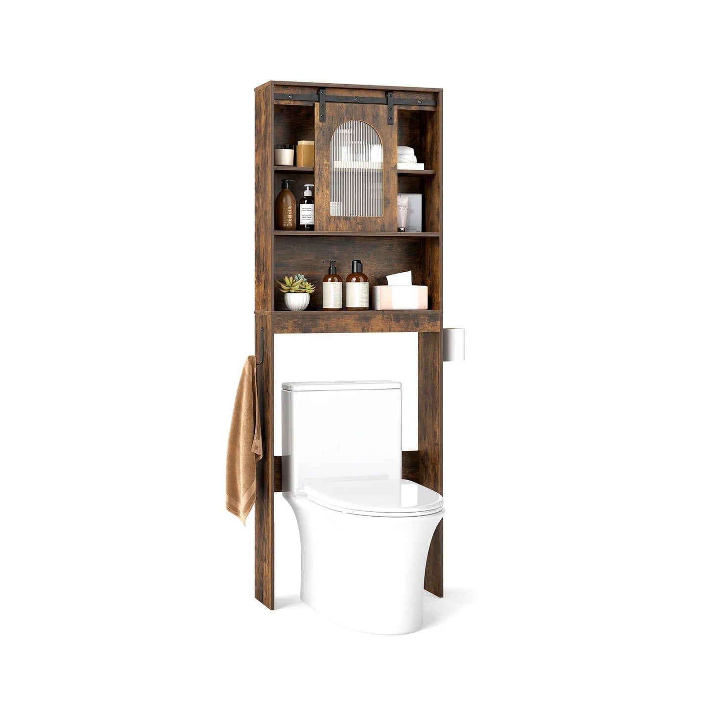 Over the Toilet Storage Cabinet with Toilet Paper Holder-Rustic Brown