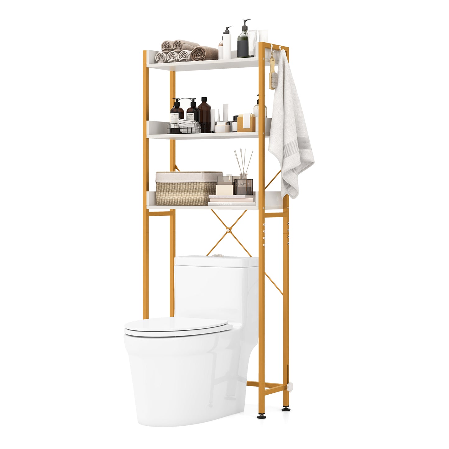 3-Tier Over The Toilet Storage Rack with 4 Hooks and Adjustable Bottom Bar-Rustic Brown