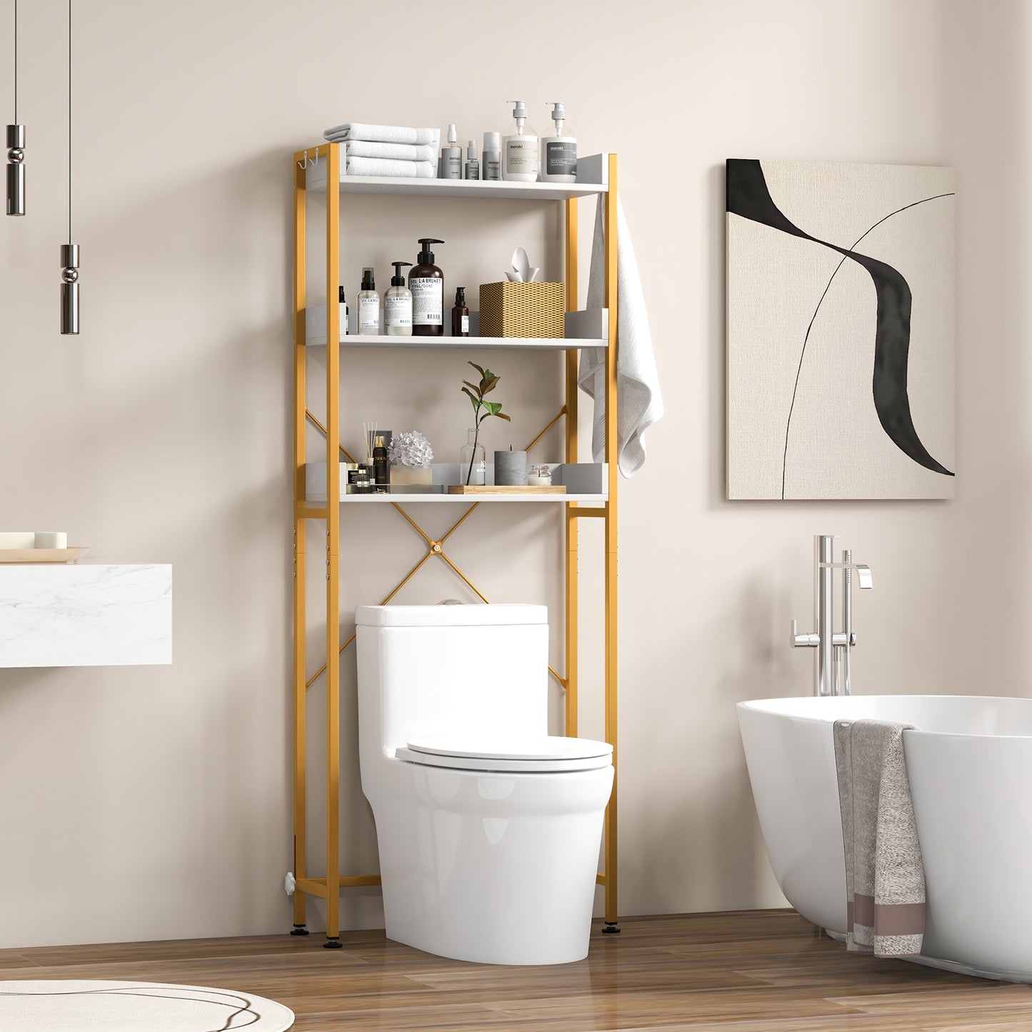 3-Tier Over The Toilet Storage Rack with 4 Hooks and Adjustable Bottom Bar-Rustic Brown