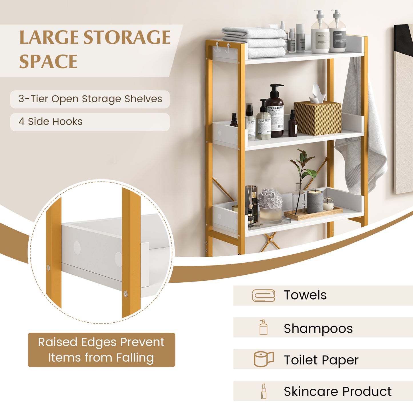 3-Tier Over The Toilet Storage Rack with 4 Hooks and Adjustable Bottom Bar-Rustic Brown
