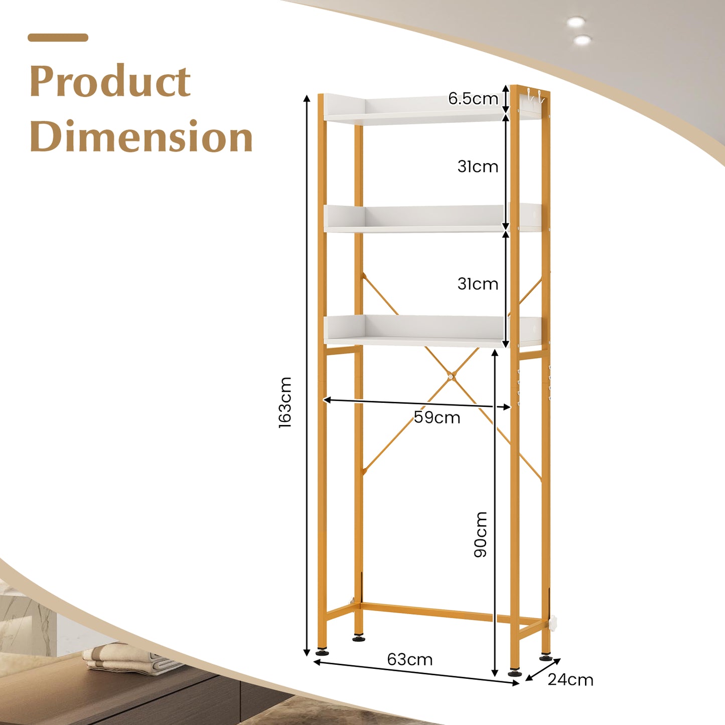 3-Tier Over The Toilet Storage Rack with 4 Hooks and Adjustable Bottom Bar-Rustic Brown