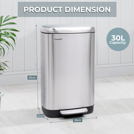 30L Rectangular Pedal Bin Soft Close Lid - Silver