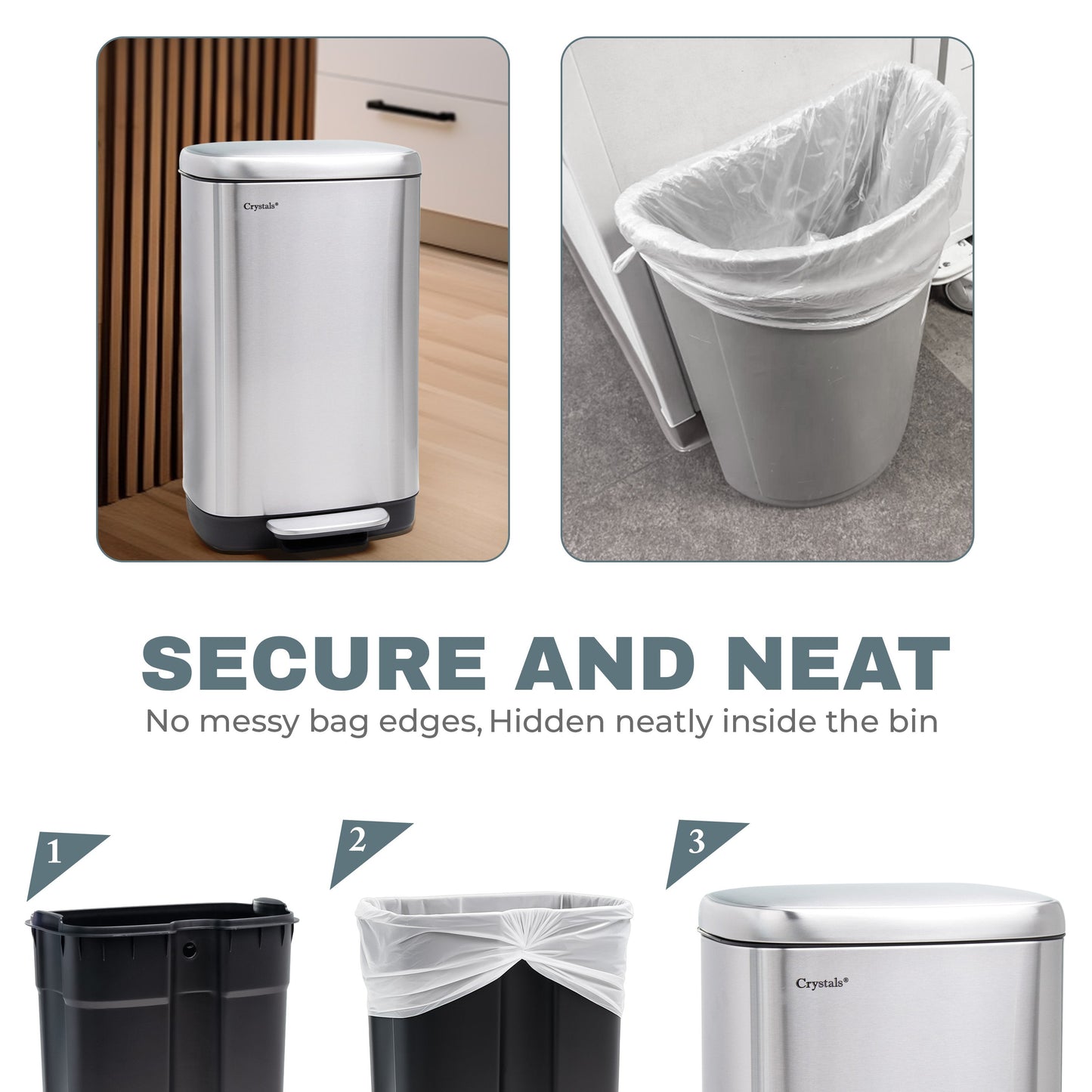 30L Rectangular Pedal Bin Soft Close Lid - Silver