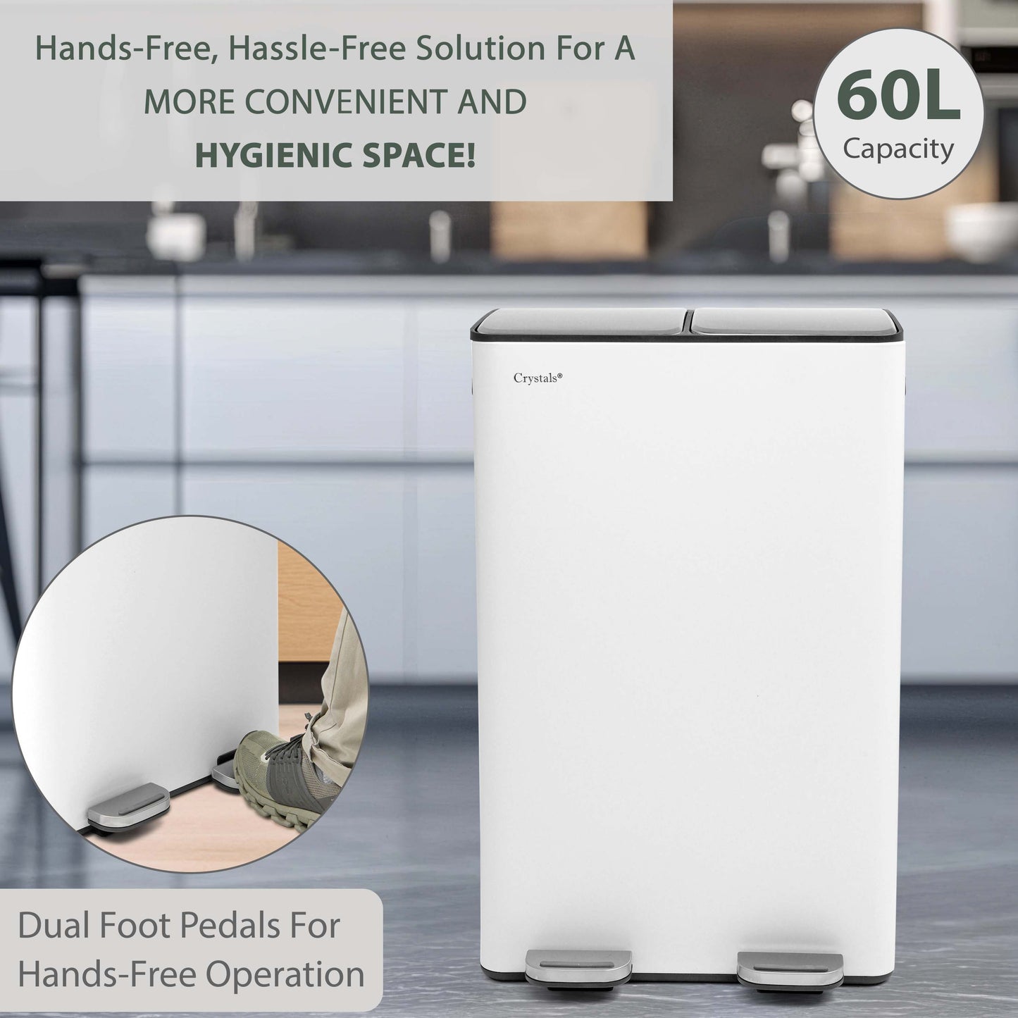 60L Dual Compartment Pedal Bin - White