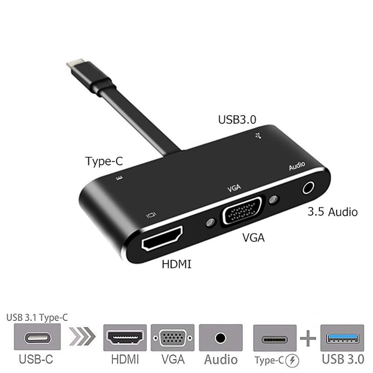 V126 UCB-C / Type-C Male to PD + HDMI + VGA + Audio + USB 3.0 Female 5 in 1 Converter, 5 in 1