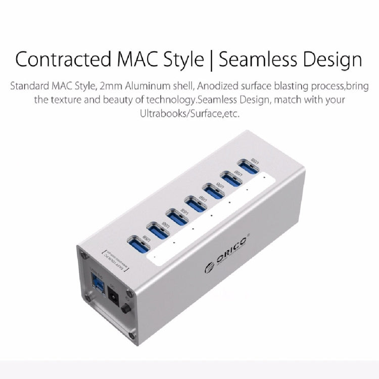 ORICO A3H7 Aluminum High Speed 7 Ports USB 3.0 HUB with 12V/2.5A Power Supply for Laptops, 7 Ports (Silver), 7 Ports (Black)