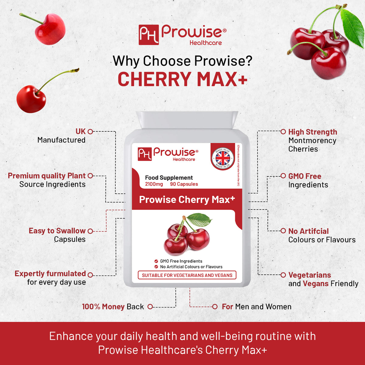 Cherry Max+ 2100 ملجم من كرز مونتمورنسي معزز بالكرز الأسود | 90 كبسولة نباتية | تركيز عالٍ | صُنع في المملكة المتحدة