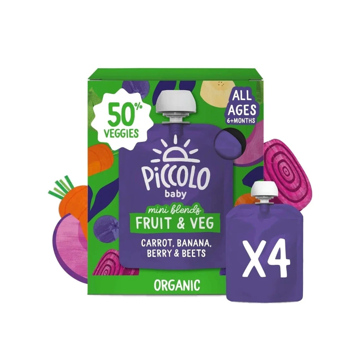 Piccolo Baby Fruit & Veg - Carrot, Banana, Berry & Beets 6+ months 360g (4x90g)